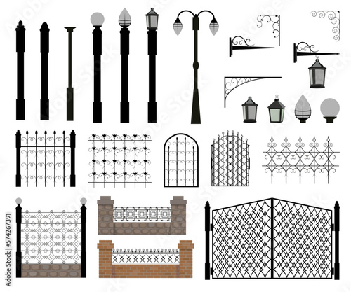 Fence elements set, pillars, lanterns, metal gates and ornamental parts. Vector illustration.