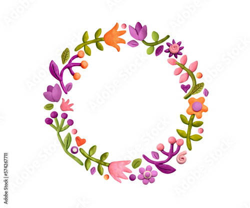 Festive background, round frame, wreath. Greeting card, banner, web poster. Festive realistic 3d flowers, leaves, hearts. Made from plasticine.