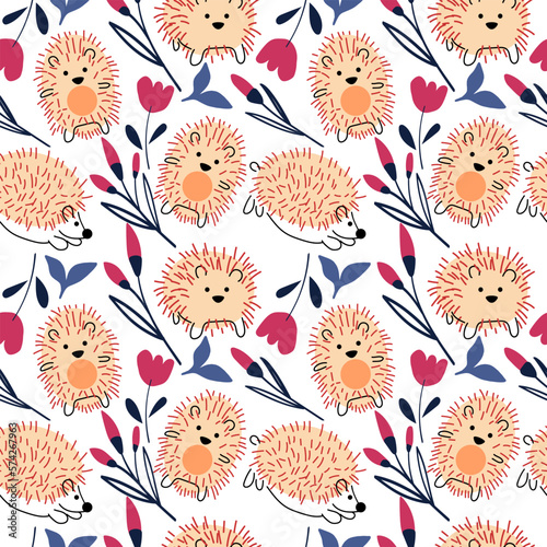 Seamless pattern of cute hedgehog hold heart balloon on white background.Image for card,apparel,fabric,textile,decoration,wrapping paper gift.Valentine's day.Animal cartoon.Kawaii.Vector.Illustration.