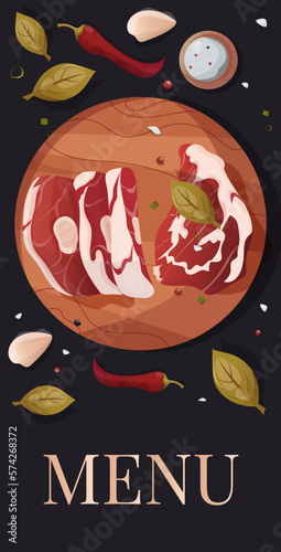 Vector illustration of fresh meat on wooden plate. Black board top view. Raw beef steak, garlic, pepper and spices for cooking. Steak house menu cover