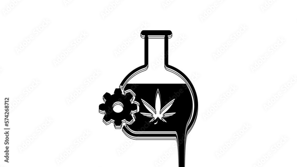 Black Chemical test tube with marijuana or cannabis leaf icon isolated on white background. Research concept. Laboratory CBD oil concept. 4K Video motion graphic animation Black Chemical test tube with marijuana or cannabis leaf icon isolated on white background. Research concept. Laboratory CBD oil concept. 4K Video motion graphic animation