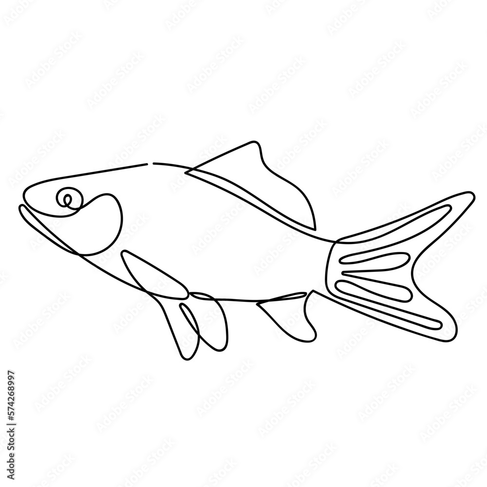 Fish drawn in one line on white. Underwater animal. Design for logo, tattoo. Fish drawn in one line on white. Underwater animal. Design for logo, tattoo.