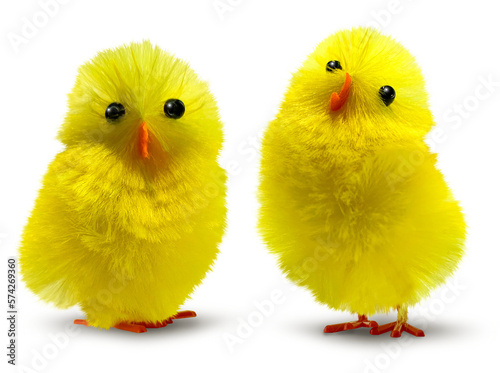Foto Two cute, funny and flurry yellow Easter decoration chicks isolated, minimum dro