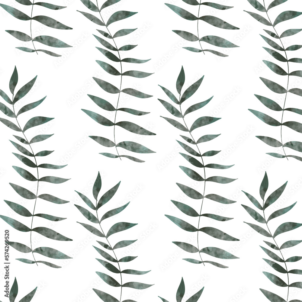 Naklejka premium Seamless pattern with watercolor leaves, green twigs. Artistic design. Vector illustration. Isolated on a white background.
