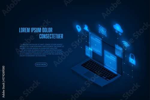 Vector isometric laptop social media communication concept. Internet network connection.