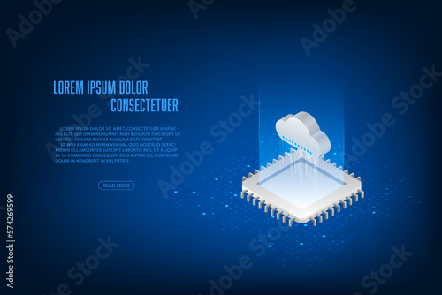 Vector isometric cloud storage with cpu microchip digital and technology concept.