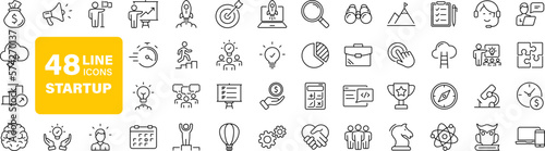 Start up set of web icons in line style. Business startup icons for web and mobile app. Startup project, development, creative idea, target, innovation, marketing, launch business, strategy and more