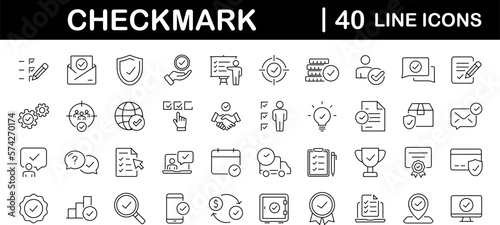 Check mark set of web icons in line style. Approve icons for web and mobile app. Approve, check marks, ticks, inspector, quality check, approved icons and more. Vector illustration