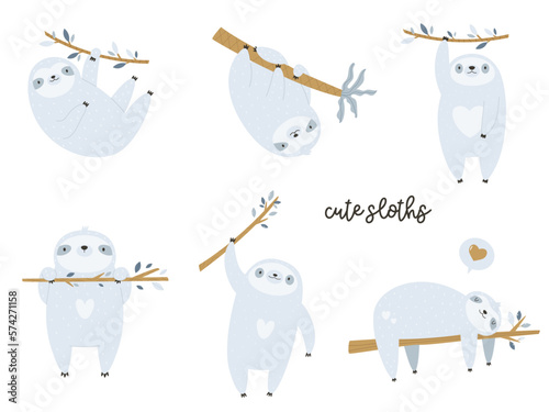 Vector illustration of a group of funny, adorable sloths hanging on trees