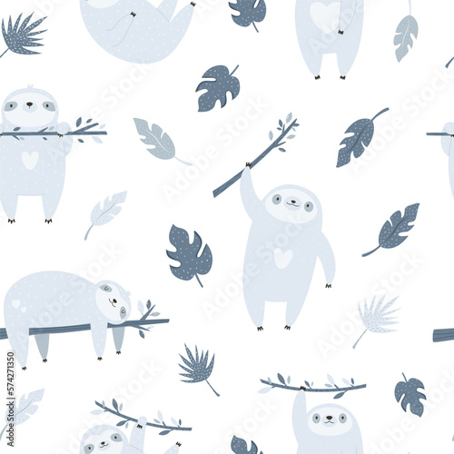 Seamless pattern with cute funny sloths hanging on branches in the forest