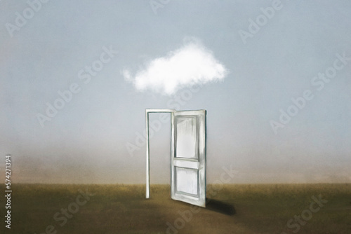 surreal open door in the middle of nature with a cloud above