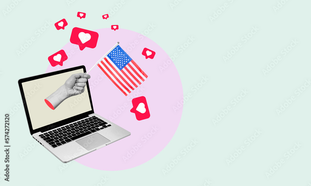 Art collage, Hand comes out of laptop with American flag, hearts and likes around hand on light background. Art collage, Hand comes out of laptop with American flag, hearts and likes around hand on light background.