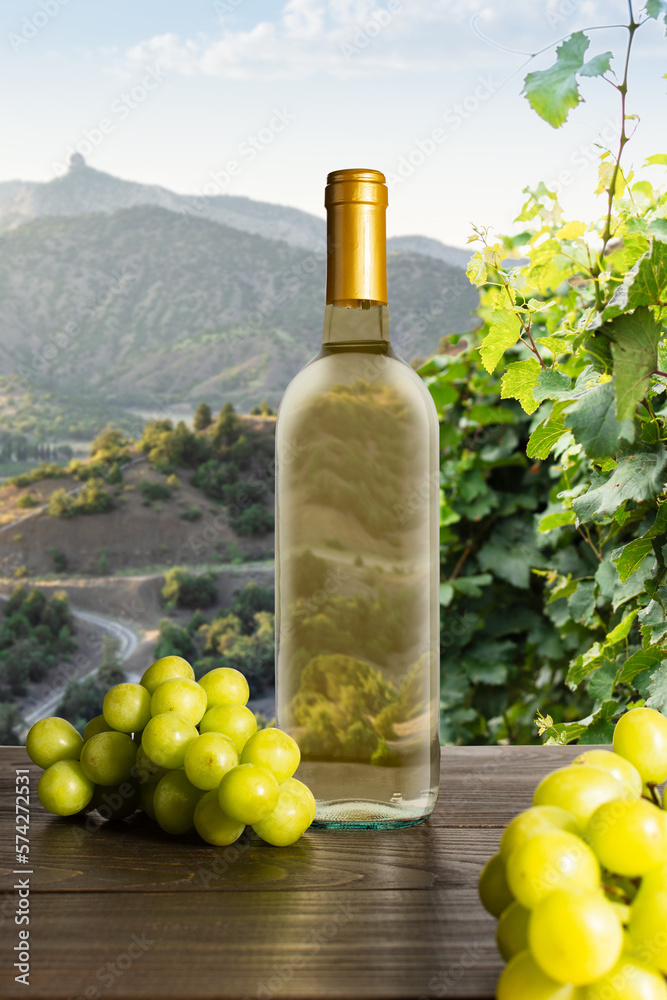 View of mountains and vineyards through a bottle of white wine, bottle of white wine with grapes on the background of vineyards and grapevine