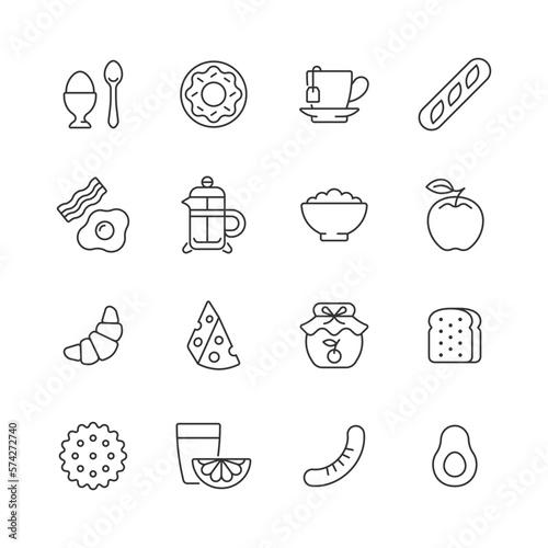 Breakfast line icon set. Vector collection symbol with egg, donut, apple, croissant, avocado, tea cup, toast, coffee. Editable stroke.