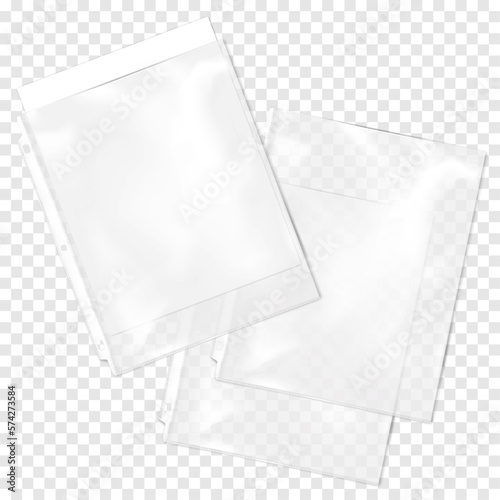 Clear plastic file, three hole punched page sleeve protector for three ring binder on transparent background mock-up. Top loading document pocket with paper sheet inside vector mockup
