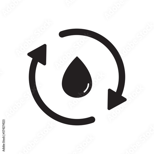 Recycle or reuse water icon. Save world. Water drop with circular arrows isolated.