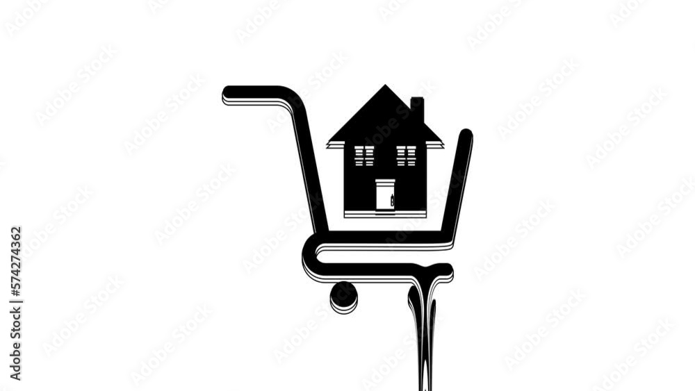 Black Shopping cart with house icon isolated on white background. Buy house concept. Home loan concept, rent, buying a property. 4K Video motion graphic animation Black Shopping cart with house icon isolated on white background. Buy house concept. Home loan concept, rent, buying a property. 4K Video motion graphic animation