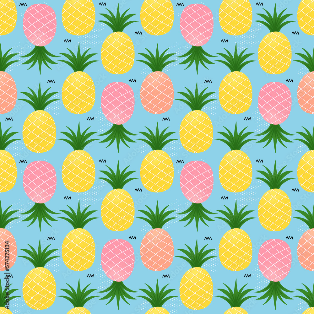 seamless pattern with Pineapple illustration on blue background 