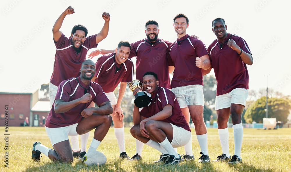 Sports, winner and rugby team with trophy in celebration for winning match, game and competition. Fitness, success and portrait of sport players celebrate victory, goals and achievement on field Sports, winner and rugby team with trophy in celebration for winning match, game and competition. Fitness, success and portrait of sport players celebrate victory, goals and achievement on field