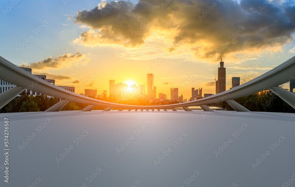 Empty square floor and city skyline with modern buildings at sunset in Ningbo, Zhejiang Province, China. 3d square effect.