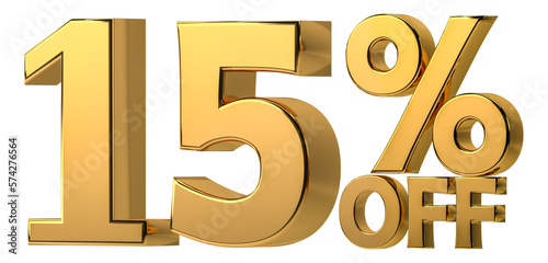 3d golden 15 % off discount isolated on transparent background for sale promotion. Number with percent sign. Include png format