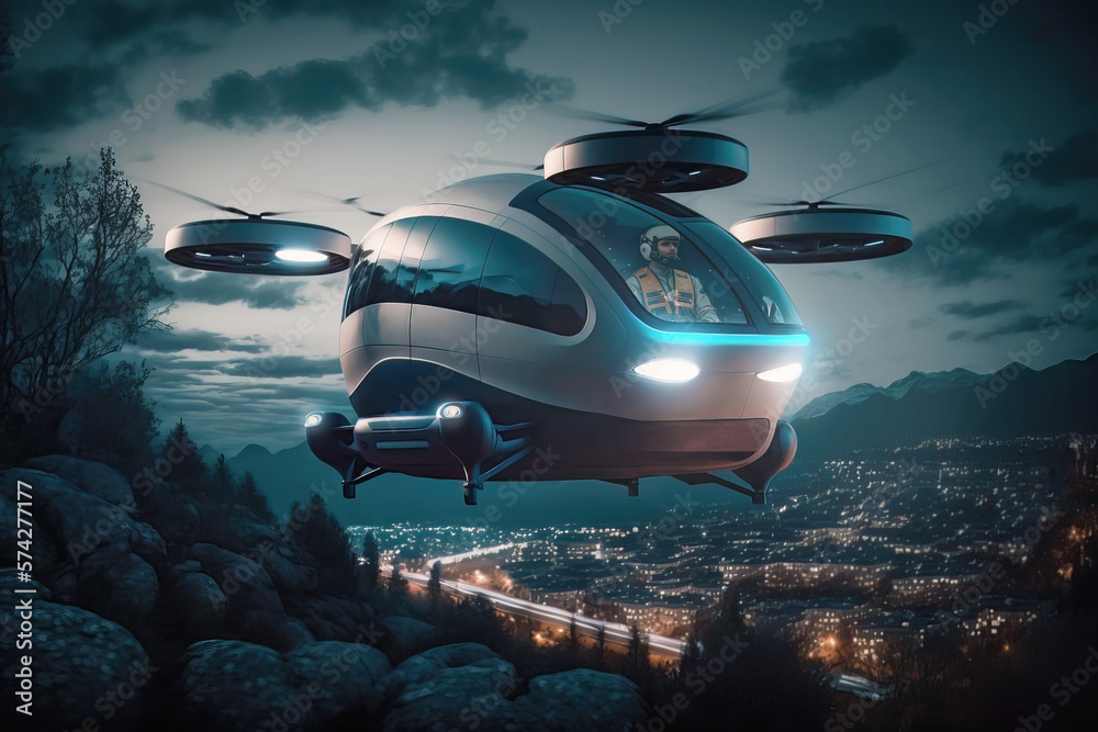 Future of urban air taxi in the city in sunset, Public aerial transportation, Passenger Autonomous Aerial Vehicle concept, Generative AI	
