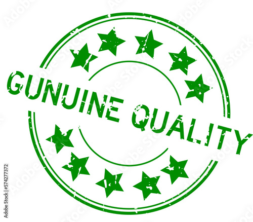 Grunge green genuine quality word with star icon round rubber seal stamp on white background