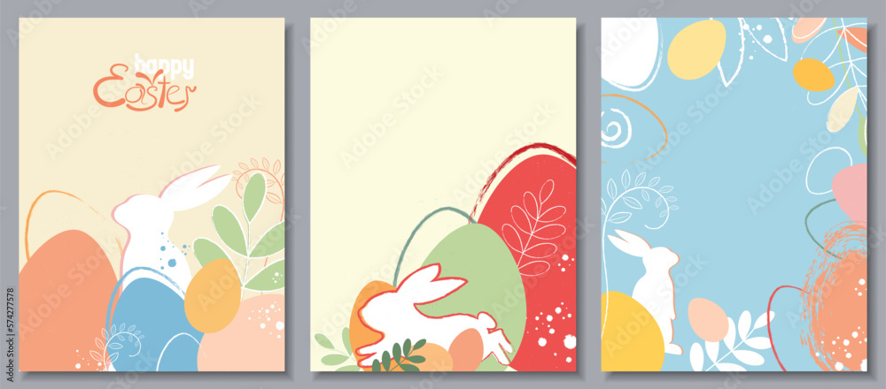 happy Easter holidays banners cards set,  Easter eggs, rabbit, bunny ears watercolor style pastel shades pink, blue, yellow, red, white.  with space for text.