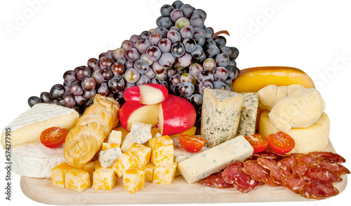 Cheeses, Cherry Tomatoes, Grape, Meat and Bread on the Wooden Platter - Isolated