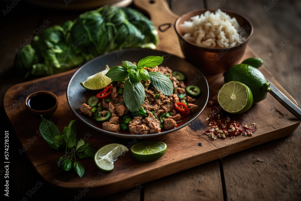 Thai food, spicy minced pork salad (Larb Moo)  in wood plate on wooden table