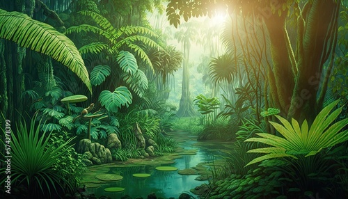 Around 10,000 BC, tropical forests were lush, diverse, and full of life. The climate was generally warmer and wetter, which supported dense vegetation and a wide range of species. Game background. © bennymarty