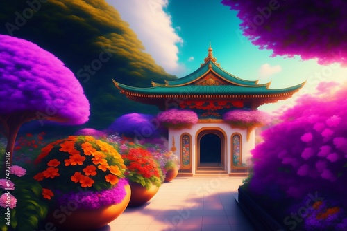 Asian temple in a beautigul garden - Illustration photo