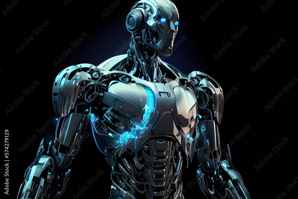 Artificial intelligence in the form of a metallic robot with bright blue eyes on a black backdrop. Generative AI Artificial intelligence in the form of a metallic robot with bright blue eyes on a black backdrop. Generative AI