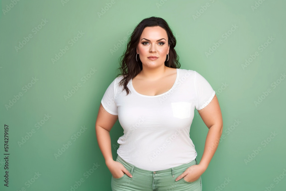 smiling curvy woman looking at camera, standing against green background. Created by generative AI smiling curvy woman looking at camera, standing against green background. Created by generative AI