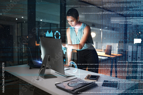 Office computer, hologram or night person reading future administration dashboard, research chart or ui software. Digital transformation, cloud computing overlay and black woman work on data analysis