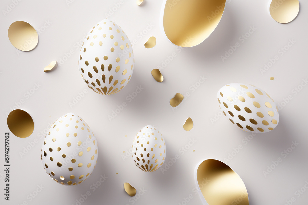 Fototapeta premium Minimalistic easter background. Created by Generative AI. Easter eggs on white background