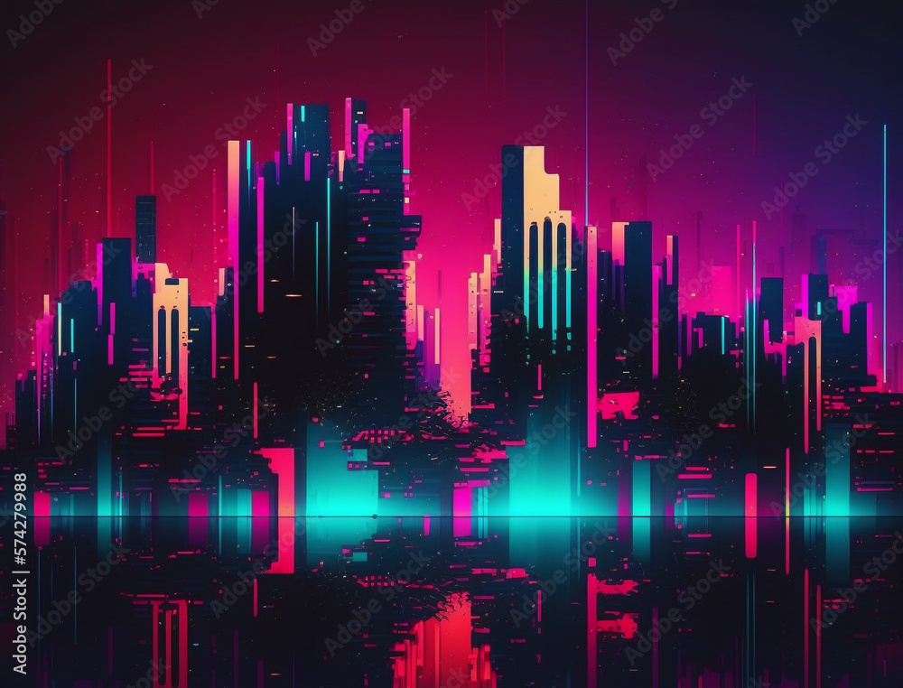 Digital Glitch City: Vibrant Neon Colors Abstract Background