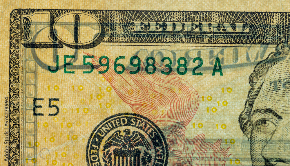 Fototapeta premium details of a genuine American banknote with a face value of 10