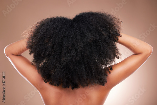 Tableau sur toile Hair, black woman with afro and beauty, haircare and natural cosmetics, back on studio background