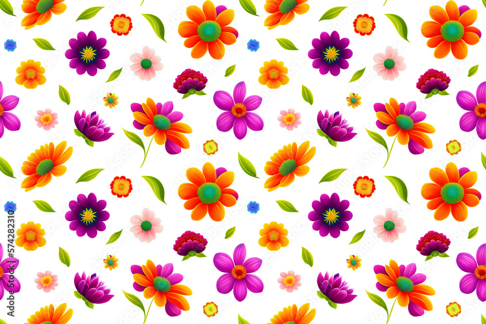 Colorful flowers and leaves - Seamless pattern.