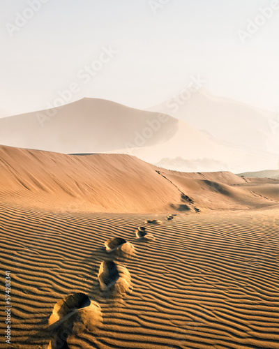 Footprints in the sand in the desert in sunset time. Nature and landscape photography