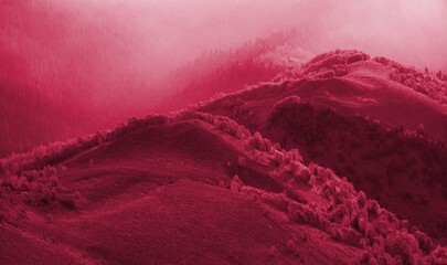 Foto auf Acrylglas Pantone 2023 Viva Magenta Beautiful  day in mountain in Viva Magenta modern color  © BillionPhotos.com
