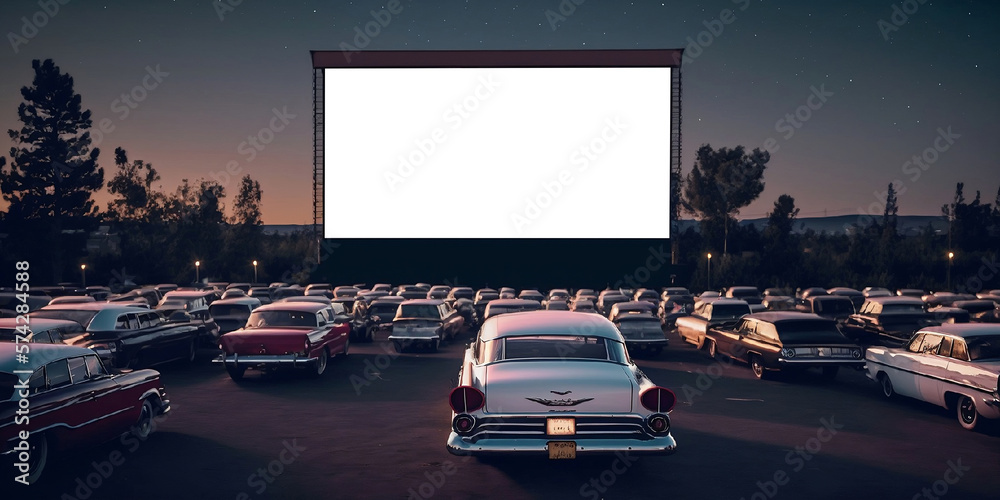 drive-in américain avec des voitures alignées sur plusieurs rangées, les occupants regardent un film sur un écran géant - obrazy, fototapety, plakaty 