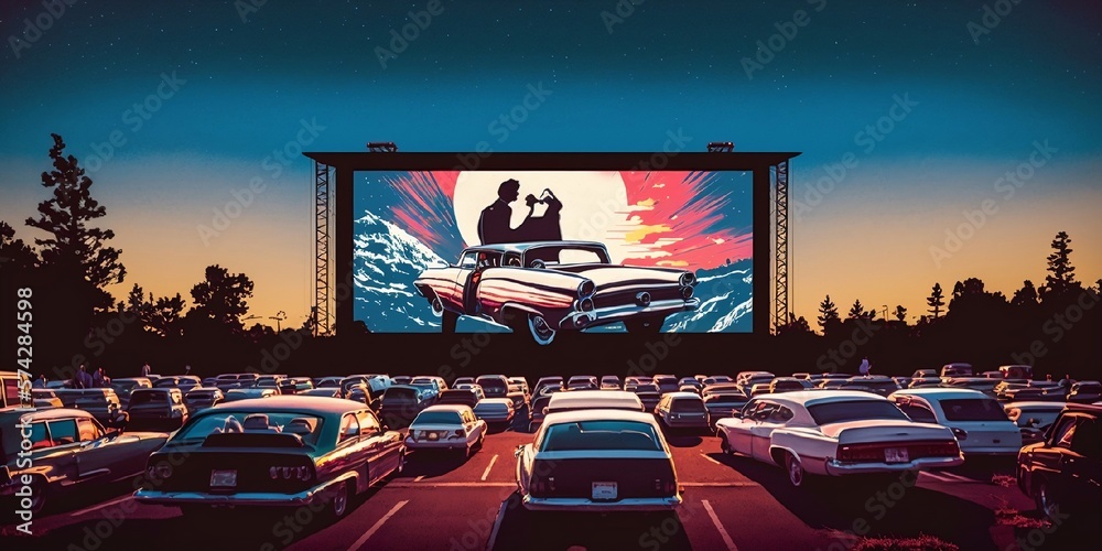 drive-in américain avec des voitures alignées sur plusieurs rangées, les occupants regardent un film sur un écran géant - obrazy, fototapety, plakaty 