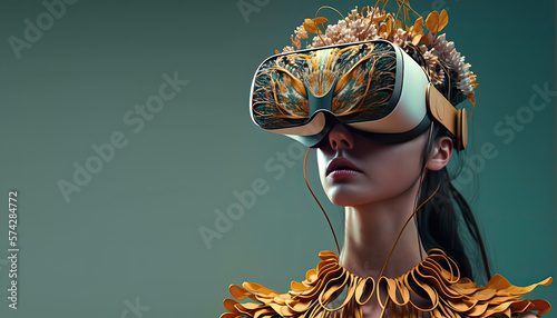 Woman with VR glasses in futuristic fashion style exploring the metaverse. Generative AI