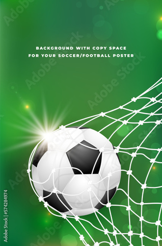 Green background with soccer ball in goal net