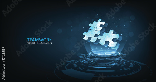 Teamwork and cooperation concept. Strategy for success. jigsaw digital technology blue on dark blue background. puzzle connect achievement low poly wireframe. 