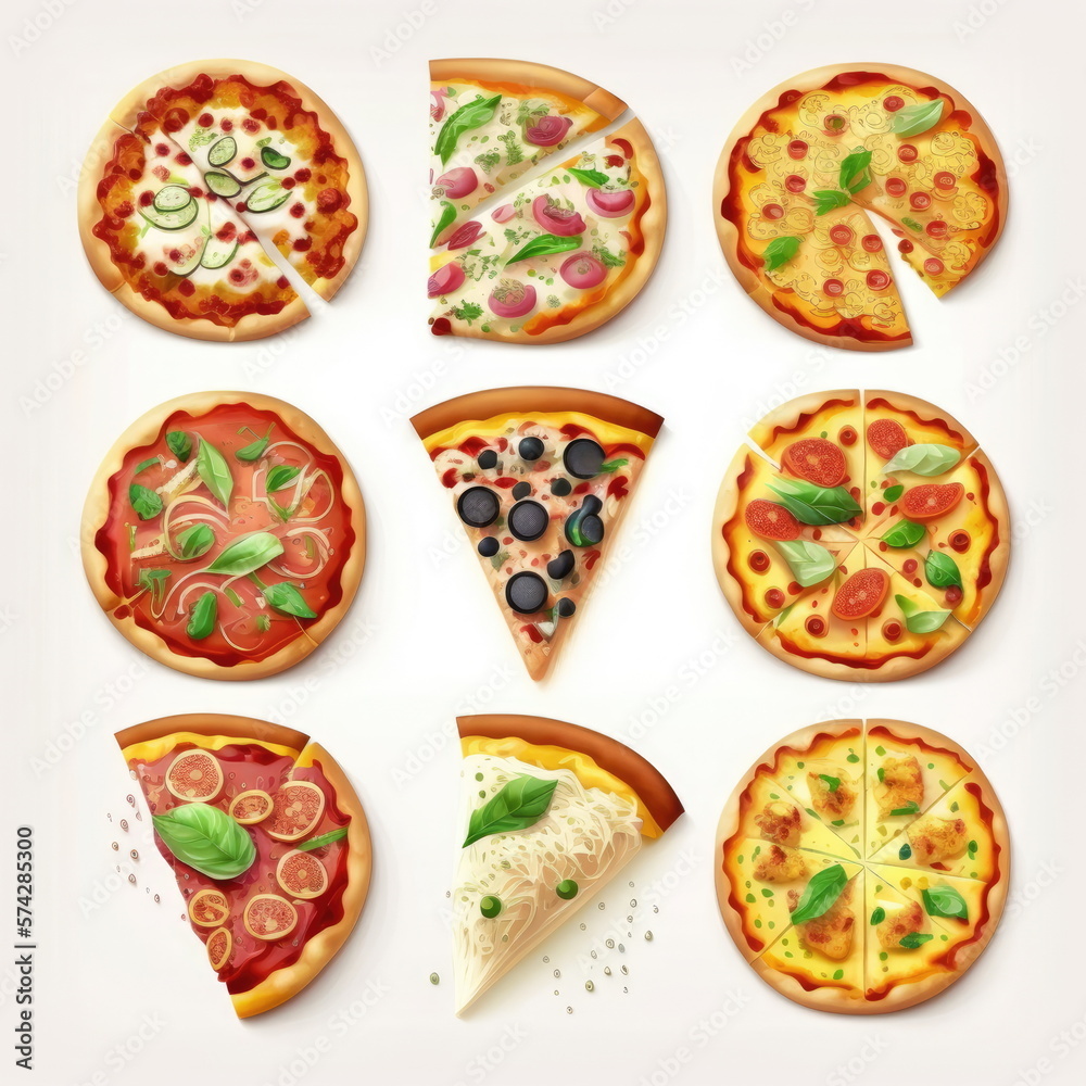 Collection of icon pizza , white background, Made by AI,Artificial intelligence Collection of icon pizza , white background, Made by AI,Artificial intelligence