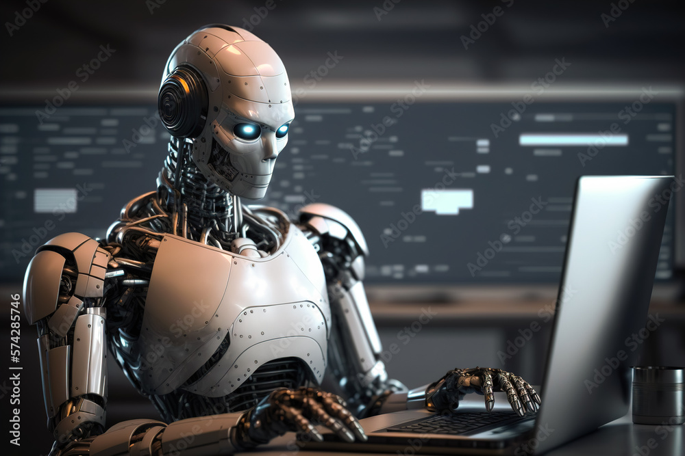 Android, a robot working in the office at the computer. Artificial intelligence concept. Generative ai