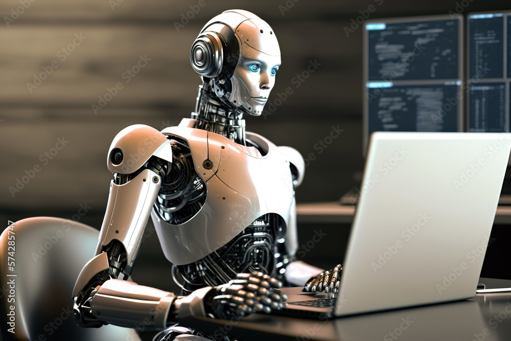 Android, a robot working in the office at the computer. Artificial intelligence concept. Generative ai Android, a robot working in the office at the computer. Artificial intelligence concept. Generative ai